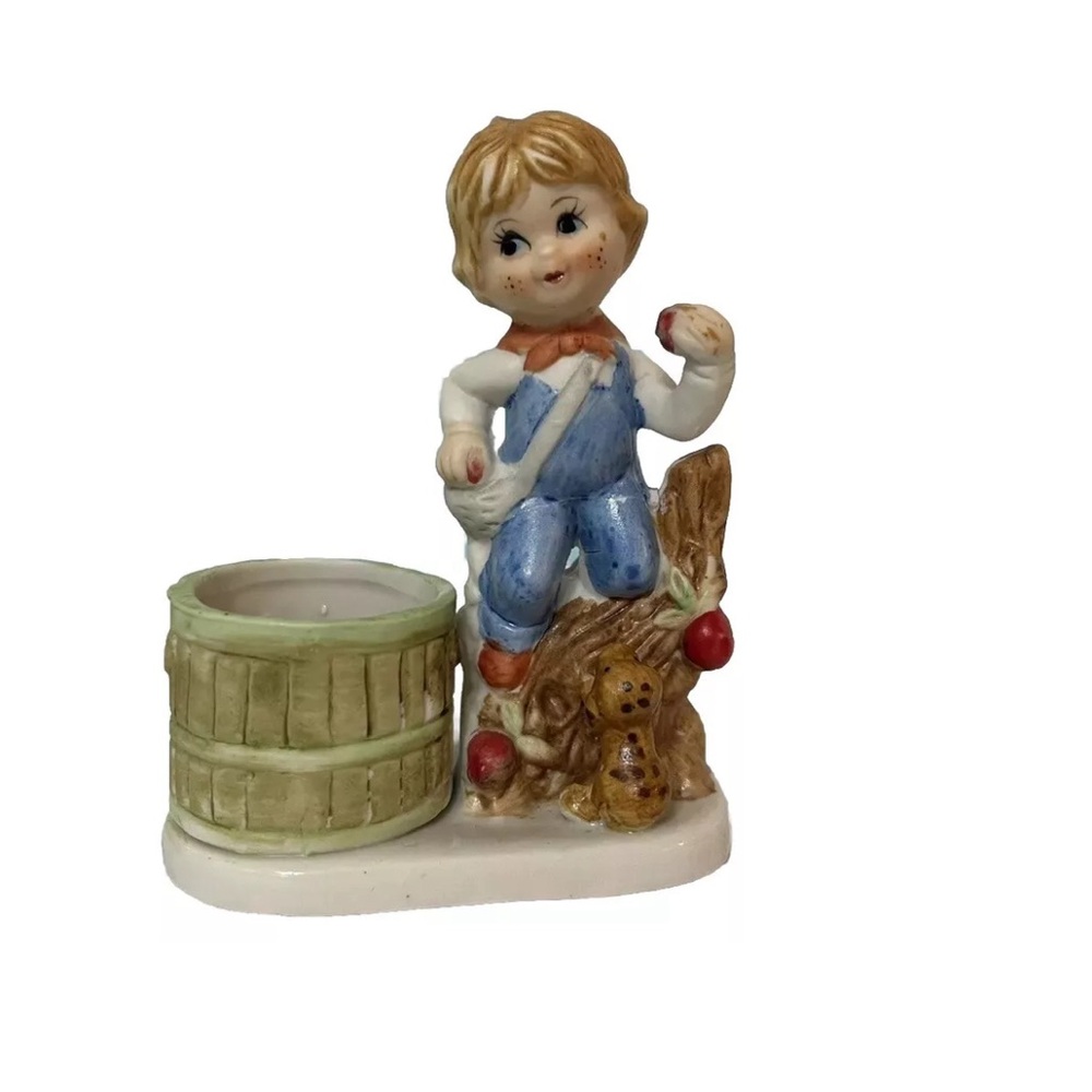 Vtg Porcelain Candle Holder Boy with Dog Apples Jasco Little Luvkins Cottagecore